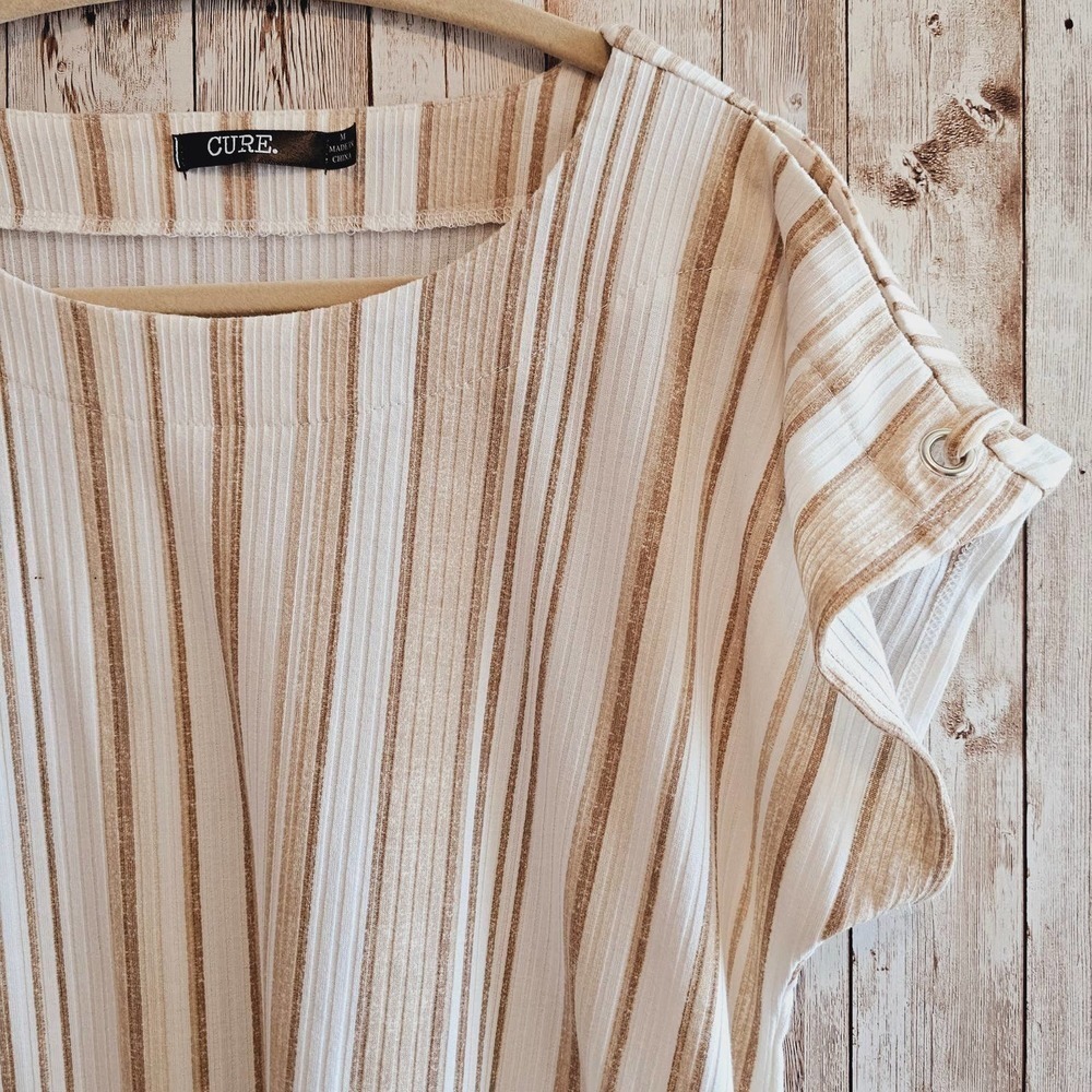 Taupe & Ivory Striped Short Sleeve Top Medium By Cure - Picture 4 of 11